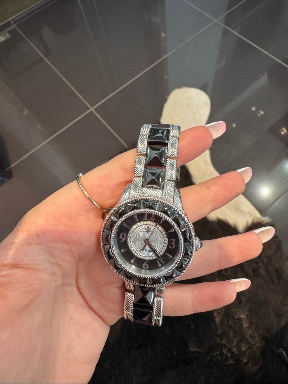 Judith Ripka Silvertone Watch Black Pyramid Stud Stone Bezel Textured Link Band